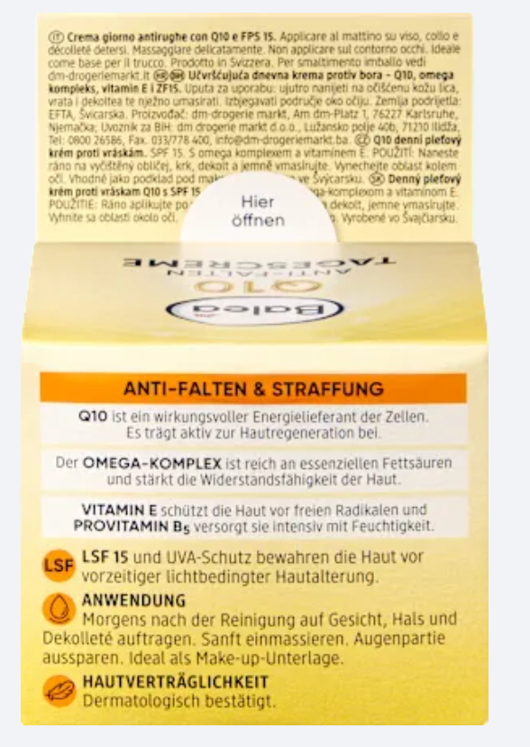 Balea Crème de Jour Anti-Rides Q10 + Oméga SPF 15 – 50 ml