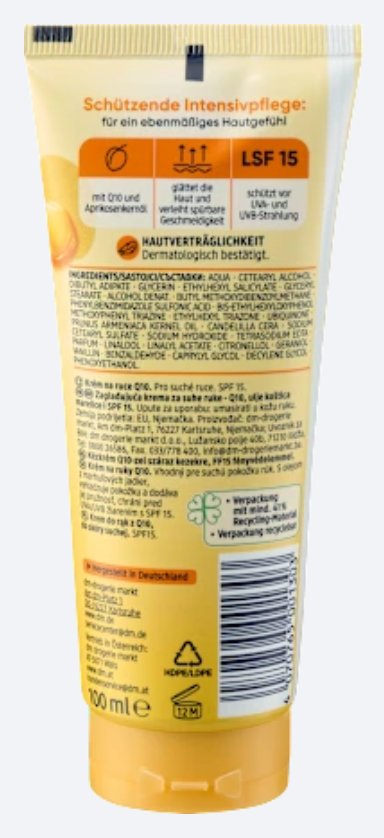 Balea Crème Mains Q10 & Huile d’Abricot SPF 15 – 100 ml