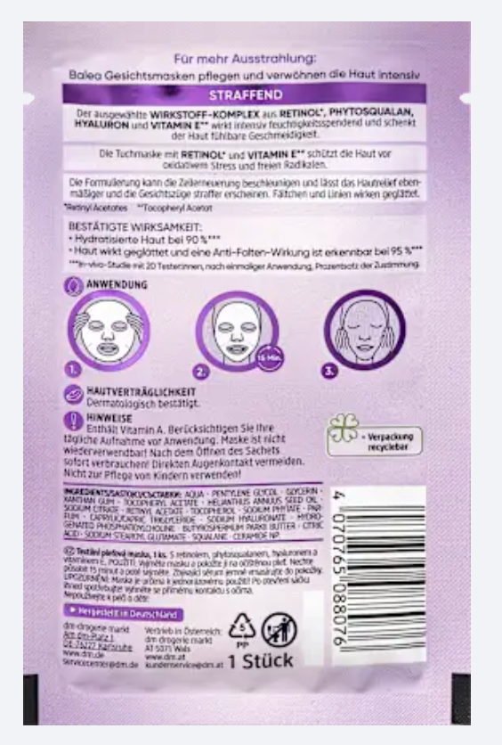 Balea Masque en Tissu au Rétinol, Phytosqualane & Vitamine E – 1 pièce
