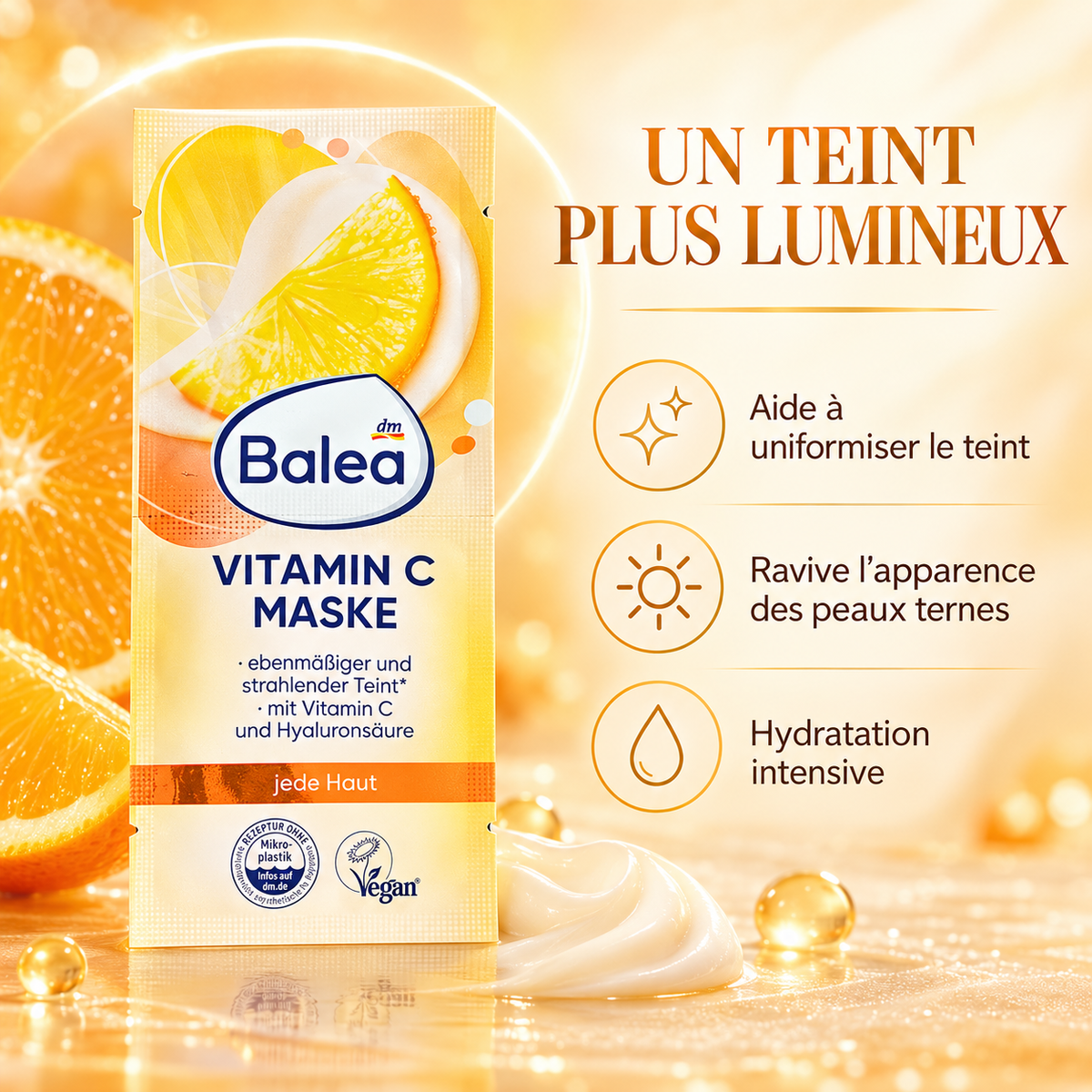 Balea – Masque Visage Vitamine C &amp; Acide Hyaluronique, 16 ml