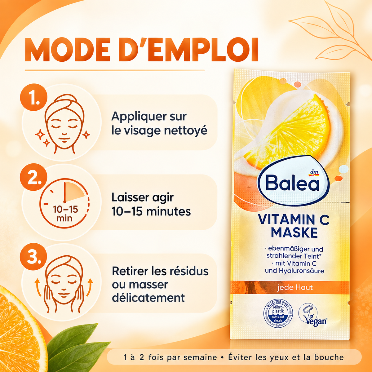 Balea – Masque Visage Vitamine C &amp; Acide Hyaluronique, 16 ml