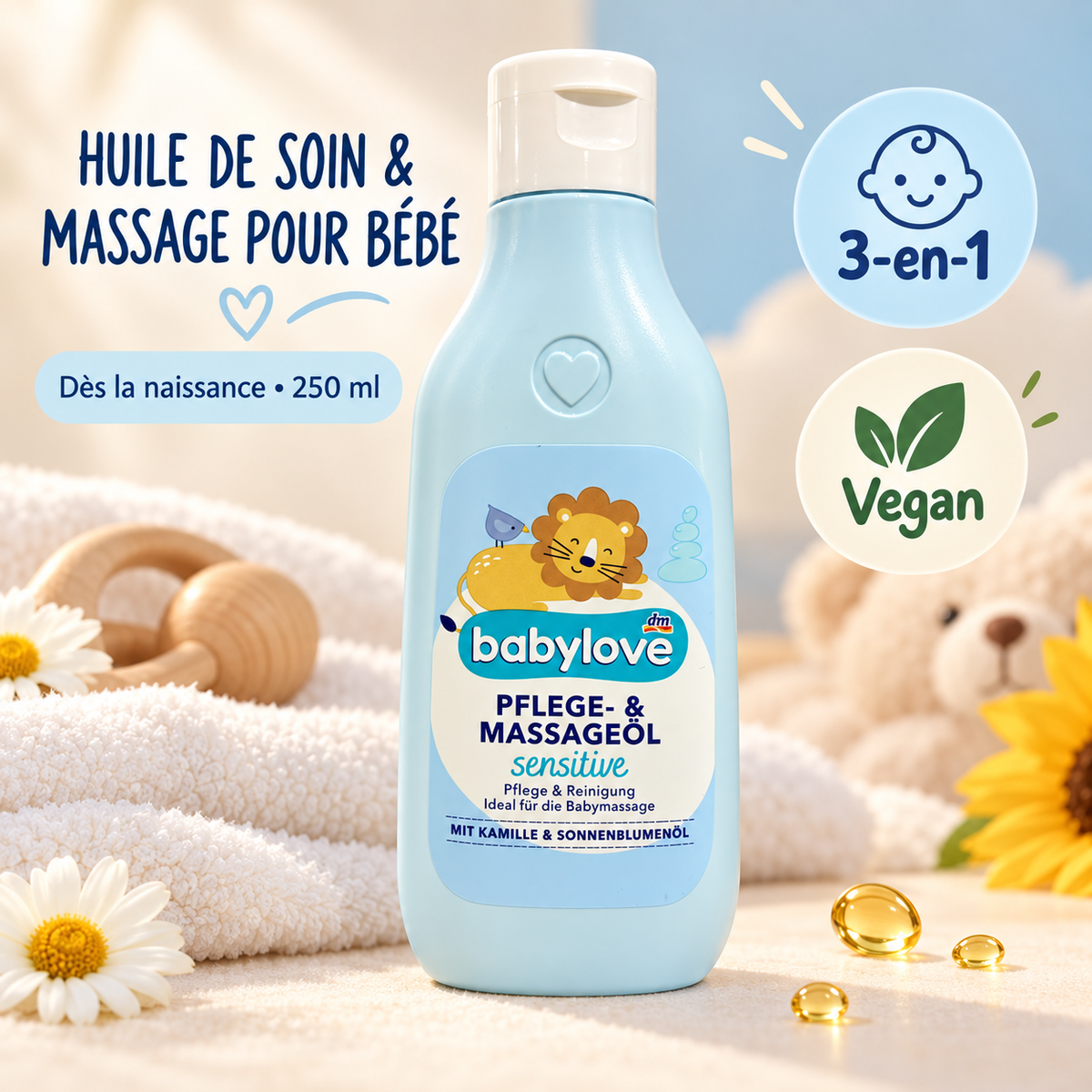 babylove Sensitive – Huile de Soin &amp; Massage pour Bébé, 250 ml