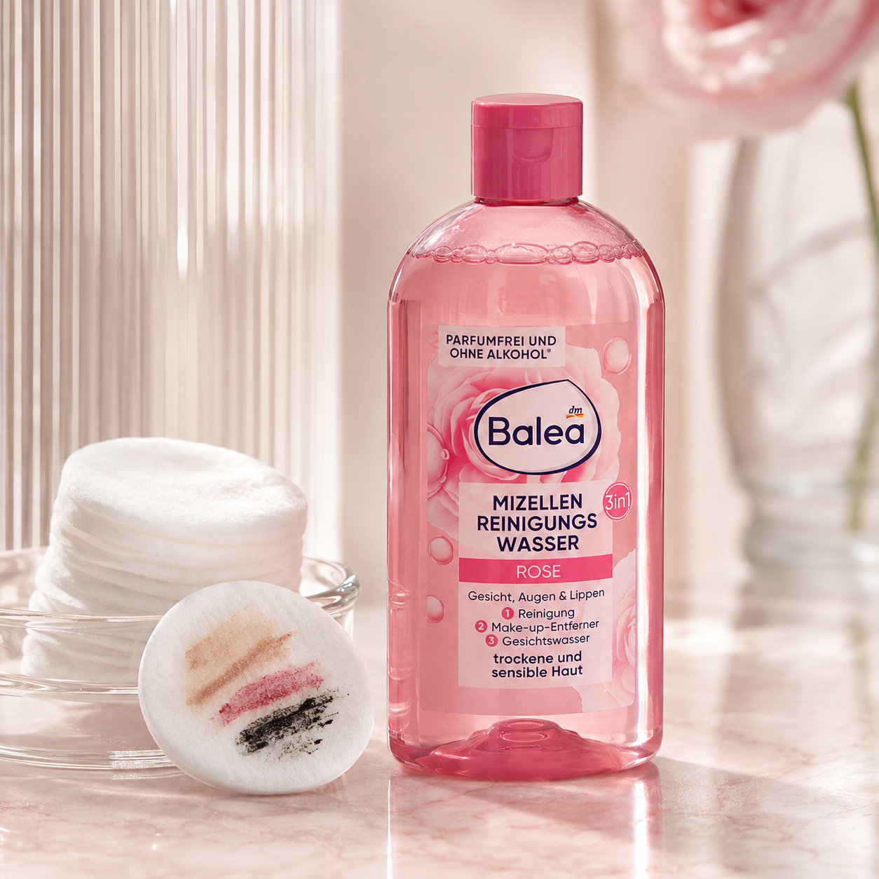 Eau micellaire 3-en-1 Balea Rose – Peaux sèches et sensibles, 400 ml