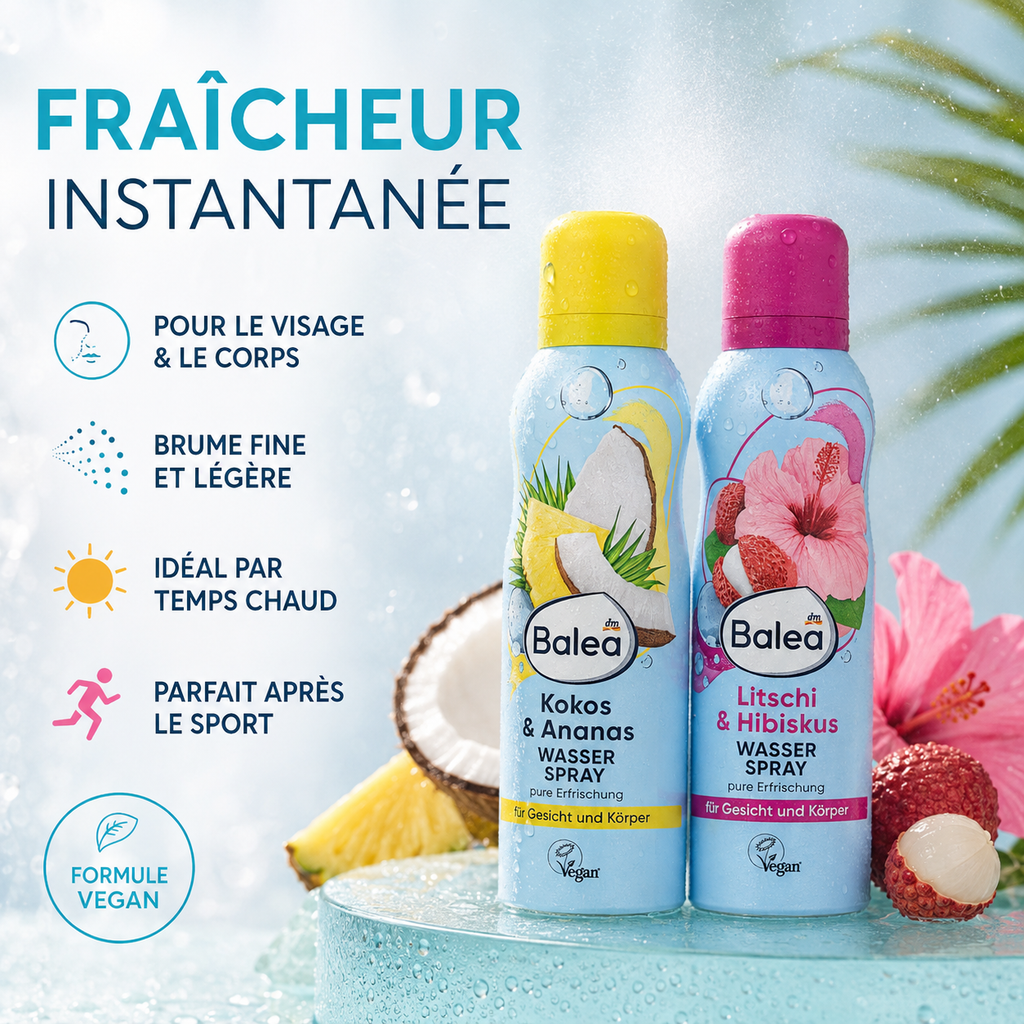 Balea Spray d’Eau Rafraîchissant Visage & Corps, 150 ml – Plusieurs Parfums