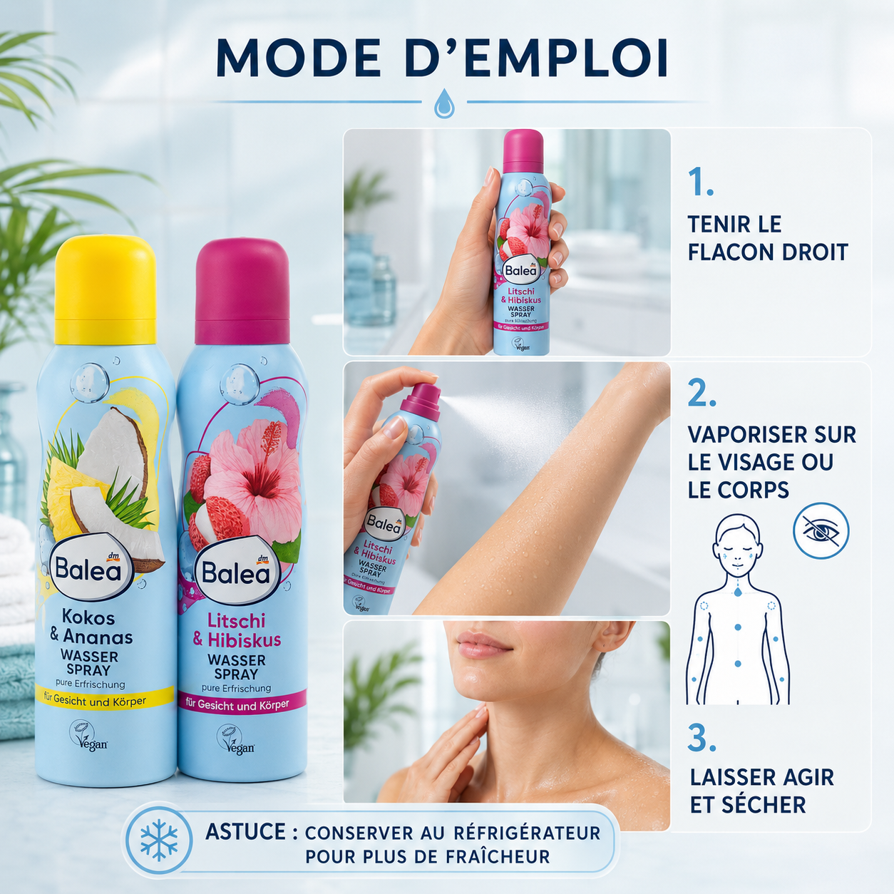 Balea Spray d’Eau Rafraîchissant Visage & Corps, 150 ml – Plusieurs Parfums