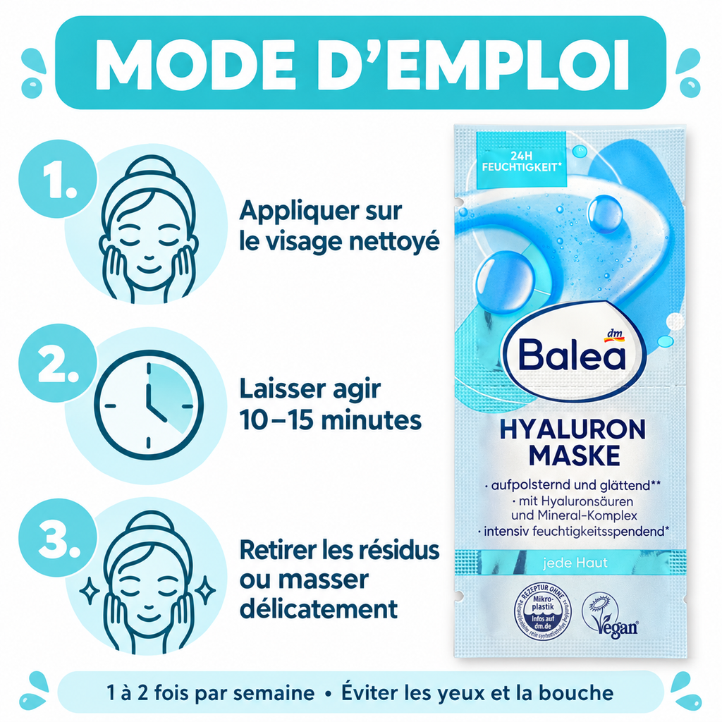 Balea – Masque Visage Hydratant à l’Acide Hyaluronique, 16 ml