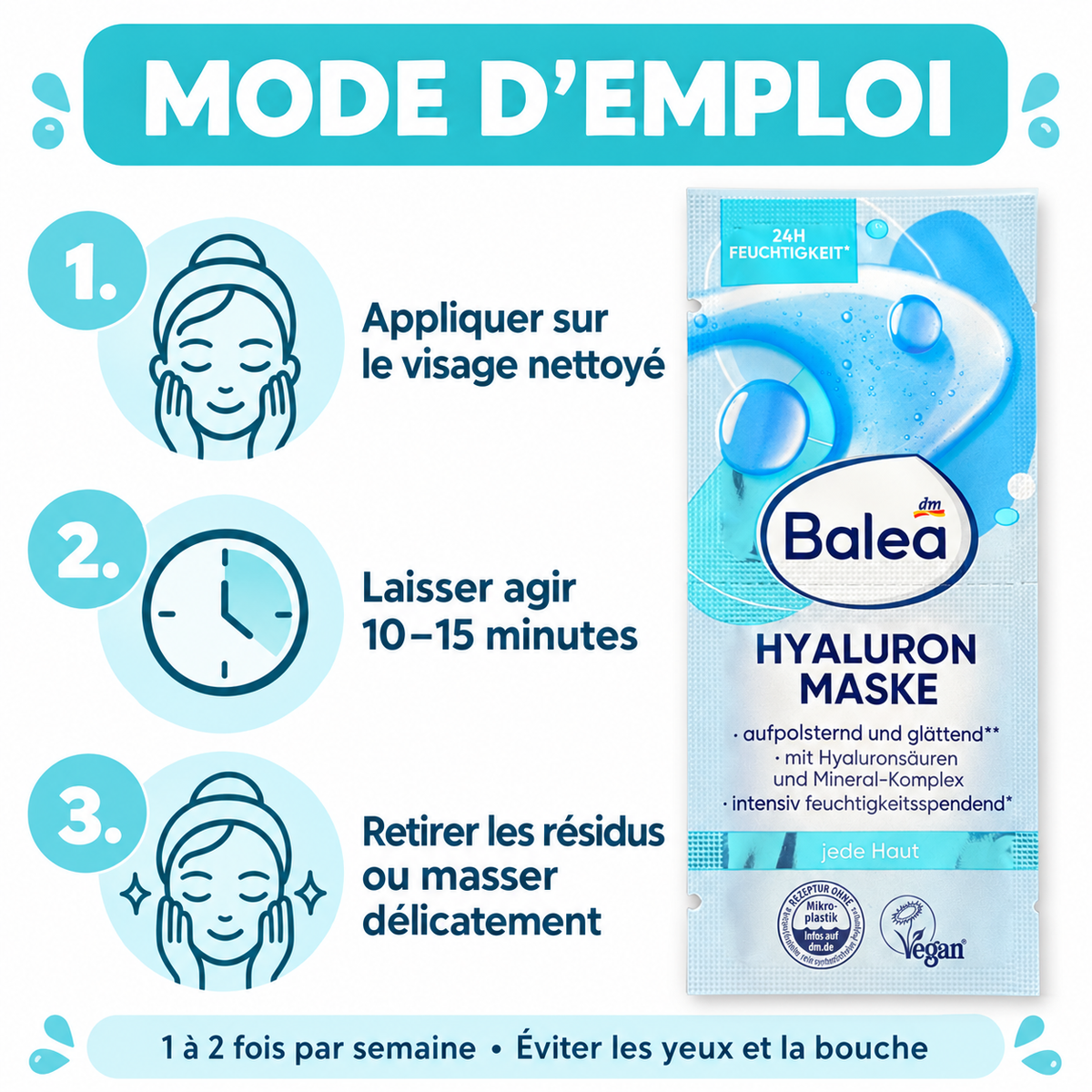 Balea – Masque Visage Hydratant à l’Acide Hyaluronique, 16 ml